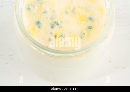 Schimmeliger Joghurt, Draufsicht auf Nahaufnahme verfaulter schimmeliger Joghurt oder Joghurt im Glas auf Holzhintergrund. Verfaultes Milchprodukt oder Milch Stockfoto
