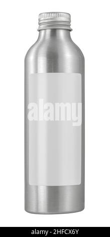 Isolierte Aluminiumflasche (Aluminium) mit leerem Etikett für Ihren Text auf weißem Hintergrund Stockfoto