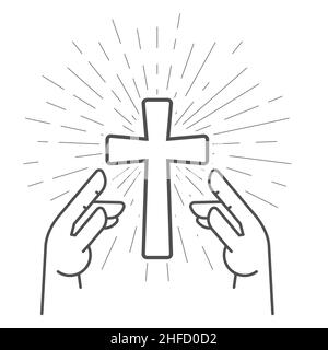Leuchtende Kruzifix und Gebetshände, Christian beten um Gnade, Jesus Christus heiligen Kreuz Anbetung, Vektor Stock Vektor