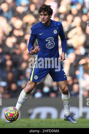 Manchester, England, 15th. Januar 2022. Marcos Alonso aus Chelsea während des Spiels der Premier League im Etihad Stadium in Manchester. Bildnachweis sollte lauten: Darren Staples / Sportimage Stockfoto