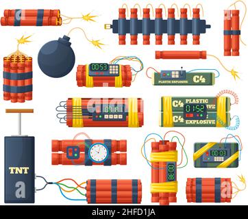 Explosive Bomben und Dynamitstäbe, gefährliche pyrotechnische Elemente. Rote Dynamit-Sticks, Bomben mit Wecker-Detonatoren Vektor-Illustration-Set Stock Vektor