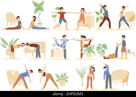 Schwangere Charaktere mit Partnern, Yoga üben Familienunterricht. Glückliche Paare tun Yoga Asanas, Sport pränatale Aktivität Vektor Illustration Set Stock Vektor