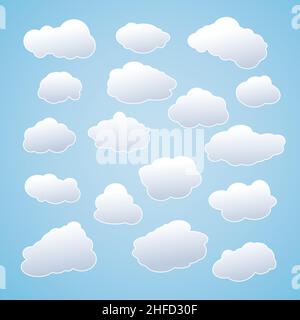 Set aus weißen Himmelswolken. Cloud-Symbole oder -Formen. Eine Reihe verschiedener Cloud-Sammlungen. Vektorgrafik. EPS 10-Vektordatei. Stock Vektor