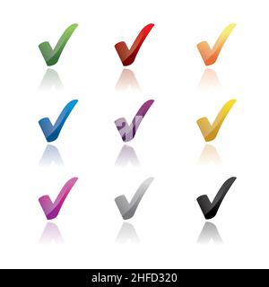 Symbolsatz 3D prüfen, ok-Symbol in verschiedenen Farben auf weißem Hintergrund. Vektorgrafik. EPS 10-Vektordatei. Stock Vektor