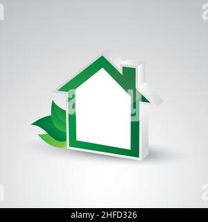 Hausform mit grünen Blättern und Copyspace für Ihren individuellen Text. Eco Home Immobilien Design Vorlage, 3D Design. Vektorgrafik. EPS 10 V Stock Vektor