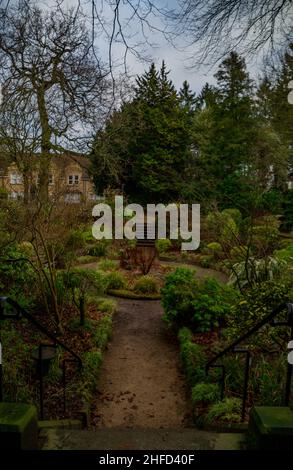 Sunken Garden in den Gärten von Denzell (Devisdale), mit seiner unverwechselbaren elliptischen Form und einer Vielzahl von einheimischen und nicht-einheimischen Pflanzenarten Stockfoto