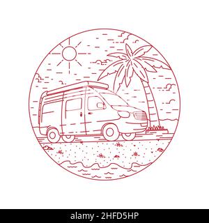 Camper Van-Logo. Happy Camper Urlaub Strand Design Vorlage. Vektor und Illustrationen. Stock Vektor