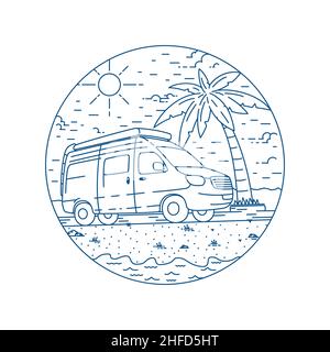 Camper Van-Logo. Happy Camper Urlaub Strand Design Vorlage. Vektor und Illustrationen. Stock Vektor