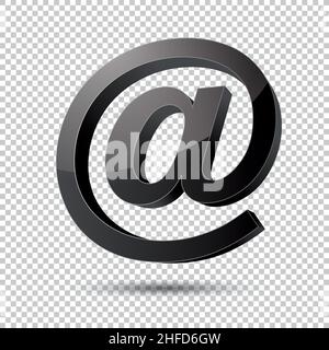 E-Mail-Zeichen oder AT-Mail-Symbol im 3D-Design und schwarzer Farbe auf dem karierten transparenten Hintergrund. Vektorgrafik. EPS 10-Vektordatei. Stock Vektor
