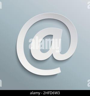 Infografik mit E-Mail-Zeichen oder At-Mail-Symbol im flachen 3D-Design und weißer Farbe auf blaugrauem Hintergrund. Vektorgrafik. EPS 10-Vektordatei. Stock Vektor