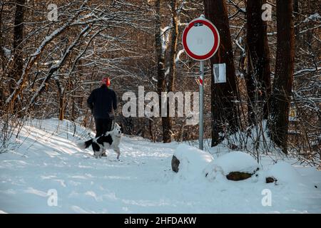 Circa Januar 2022, Bulgarien: Ein Mann mit rotem Hut und sein Hund laufen im Winterwald. Straßenschild an der Ecke. Stockfoto