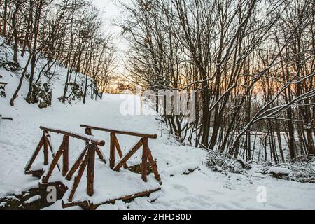 Holzbrücke im Bergpark Vitosha in Bulgarien. Brücke ist mit Schnee bedeckt. Winterzeit. Wunderschöner weißer Schnee. Stockfoto