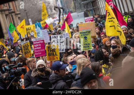 LONDON, Großbritannien, Januar 15th. Töten Sie diese Woche den Protest des Gesetzentwurfs in London, da das Oberhaus am Samstag, dem 15th. Januar 2022, die letzte Lesung des Gesetzentwurfs von Polizei, Verbrechen, Verurteilung und Gerichten hören wird. (Kredit: Lucy North | MI News) Kredit: MI Nachrichten & Sport /Alamy Live News Stockfoto