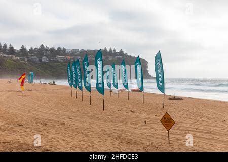 Bilgola Beach, Sydney. Die Strände an der Ostküste Australiens wurden aufgrund von Tsunami-Warnungen des Joint Australian Tsunami Warning Center nach dem Vulkanausbruch im Pazifik geschlossen. Aufgrund dieser Warnung wurden die offenen Schwimmrennen von Bilgola Beach Blackmores abgesagt. Quelle: martin Berry/Alamy Live News Stockfoto