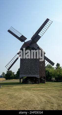 Die Windmühle in Wilhelmsaue wurde 1880 gebaut. Bis 1964 wurde Mehl und Schredder gemahlen, danach wurde die Mühle zur Ruine. 1983 ein Stern der Renovierung Stockfoto