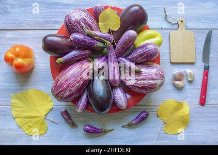 Herbstgemüse. Verschiedene Sorten Auberginen und Paprika auf rustikalem Tisch. Gesundes, vegetarisches Lebensmittelkonzept Stockfoto