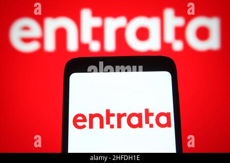 Ukraine. 15th Januar 2022. In dieser Abbildung ist ein Entrata-Logo auf einem Smartphone-Bildschirm und im Hintergrund zu sehen. Kredit: SOPA Images Limited/Alamy Live Nachrichten Stockfoto