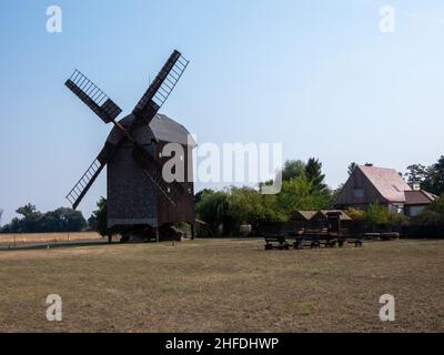 Die Windmühle in Wilhelmsaue wurde 1880 gebaut. Bis 1964 wurde Mehl und Schredder gemahlen, danach wurde die Mühle zur Ruine. 1983 ein Stern der Renovierung Stockfoto