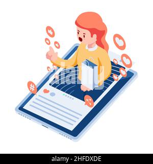 Flat 3D Isometric Woman Influencer Werbung für Produkte in sozialen Medien. Social Media und Influencer Marketing Konzept. Stock Vektor