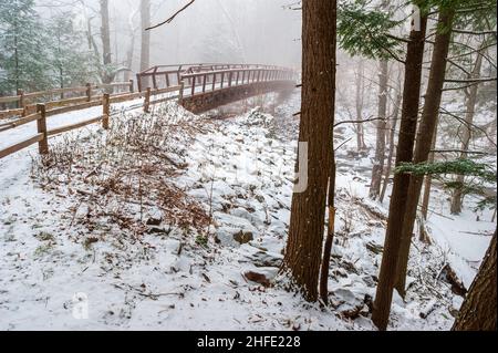 Eine Wanderbrücke über den Spruce Creek, oberhalb der Kaaterskill Falls. Winterlandschaft mit Neuschnee. Haines Falls, New York Stockfoto