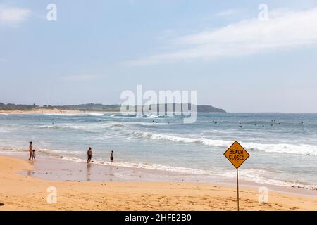 Alle Strände im Gebiet des sydney Northern Beaches council wurden heute aufgrund der Tsunami-Warnungen für die Ostküste Australiens geschlossen, auf dem Bild der geschlossenen Strandschilder am Dee Why Beach, die von einigen ignoriert wurden. Credit Martin Berry@ alamy Live Nachrichten. Stockfoto