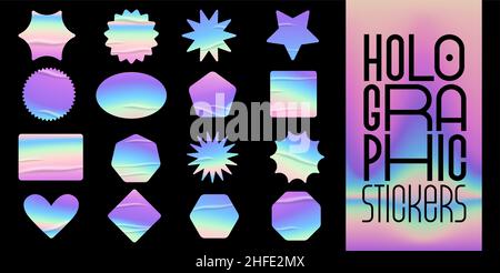 Holographisches Sticker-Set. Geometrische Formen Label mit Regenbogen Hologramm und Falten. Vektorelemente für modernes Trenddesign. Stock Vektor