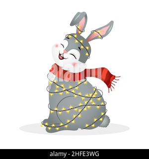 Weihnachtshase mit Girlande. Jahr des Kaninchens. Chinesisches Neujahrssymbol 2023. Vektorgrafik im Cartoon-Stil. Designelement für Grußkarten Stock Vektor