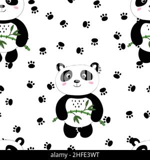 Nahtloses Muster mit niedlichem Panda, Fußabdruck auf weißem Hintergrund. Lustige asiatische Tiere. Karte, Postkarten für Kinder. Flache Vektorgrafik für Stoff Stock Vektor