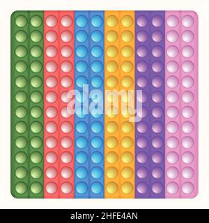 Trendy Spiel Pop it, einfache Grübchen. Regenbogen-Fidget-Spielzeug. Farbenfroher Anti-Stress-Hintergrund. Doodle-Stil. Blasen knallen quadratische Form Stock Vektor