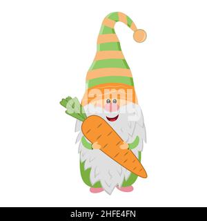 Ostergnome mit Karotte, niedlicher Charakter, Vektorgrafik, Cliparts, Scrapbooking, Urlaubsdesign Stock Vektor