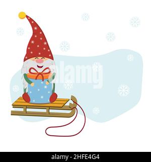 Lustiger Gnom mit einem Geschenk auf einem Schlitten zu Weihnachten, Vektor isoliert Illustration in flachem Stil. Stock Vektor