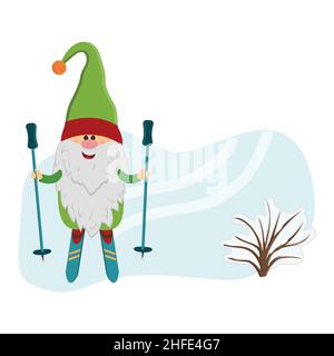 Lustige Gnome Skifahren im Winter, Vektor isoliert Illustration in flacher Stil. Stock Vektor