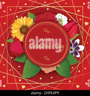 Einzigartige Grußkarte zum Valentinstag. Urlaub Hintergrund-Design mit realistischen Geschenk Blumensträuße und golden glänzenden Herzen. Quadratisches Hochformat Stock Vektor