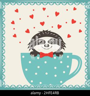 Niedliche Tier-Charakter Sloth sitzt in einer Tasse, Farbe Multi-Layer-Vektor-Illustration papercut. Stock Vektor