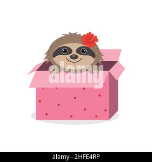Niedlichen Charakter Sloth Mädchen gucken aus einem Urlaub Box, Farbe isoliert Vektor-Illustration. Stock Vektor