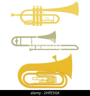 Set von musikalischen Blasinstrumenten Trompete Posaune Tuba, Farbe isoliert Vektor-Illustration. Stock Vektor