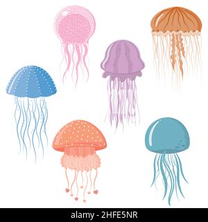 Satz mehrfarbiger Quallen, isoliert auf weißem Hintergrund, Farbvektordarstellung. Stock Vektor