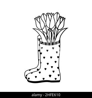 Blumen Tulpen in einem Gummistiefel, Kontur Färbung isoliert Vektor Illustration Symbol, Design Stock Vektor