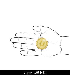 Glücksmünze mit einem Hufeisen in der Hand eines Mannes, Konturvektor isolierte Illustration, Clipart, Icon, Banner Stock Vektor
