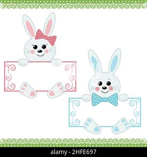 Niedlicher Hase-Charakter mit Grußkarte, Vektor isolierte Illustration in flachem Stil Stock Vektor