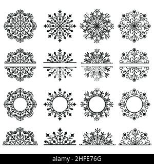 Satz von durchbrochenen Schneeflocken schwarzen Umriss, Farb-Vektor-Illustration. Stock Vektor