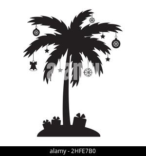 Weihnachtspalme mit Girlande und Geschenken, schwarze Schablone, isolierte Vektorgrafik. Stock Vektor