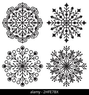 Durchbrochene Mandala-Schneeflocke mit Ornament, schwarze Schablone auf weißem Hintergrund. Stock Vektor