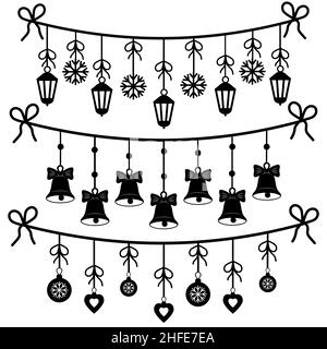 Eine Reihe von Weihnachtsgirlanden aus Laternen, Schneeflocken und Glocken, einem schwarzen Umriss im Doodle-Stil. Stock Vektor