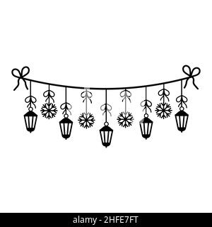 Weihnachtsgirlande aus Laternen und Schneeflocken, schwarzer Umriss im Doodle-Stil. Stock Vektor