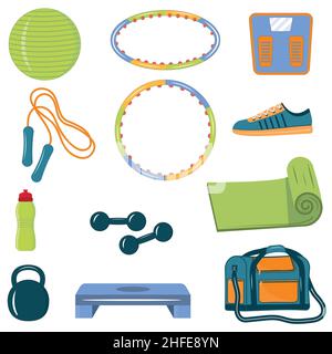 Satz von Sportartikeln für Fitness und Sport Farbe isoliert Vektor-Illustration Stock Vektor