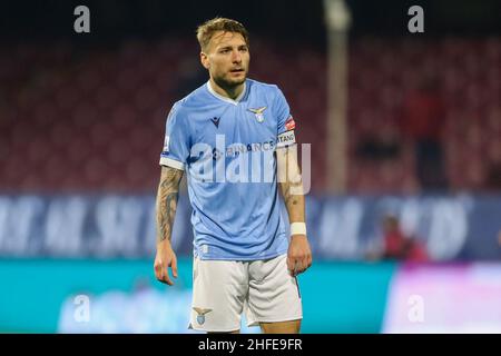 Der italienische Stürmer Ciro immobile sieht während der Serie A Fußballspiel zwischen Salernitana und SS Lazio im Arechi-Stadion in Salerno, Süditalien, am 15. Januar 2021 aus. Stockfoto