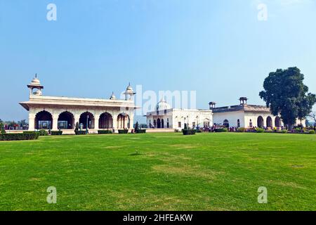 Intarsien Marmor, Säulen und Bögen, Halle des privaten Publikum oder Diwan-I Khas im Lal Qila oder roten Fort in Delhi, Indien Stockfoto