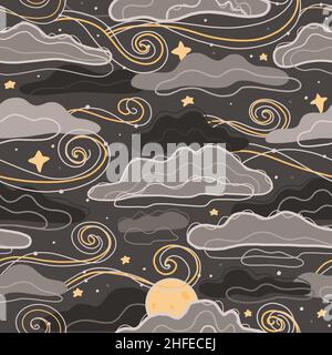 Mystisches nahtloses Muster mit stilisierten Wolken und Sternen. Textur bei Mondschein in der Nacht. Magischer himmlischer Hintergrund in grau und gelb Stockfoto