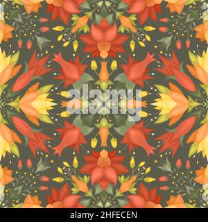 Florales nahtloses Muster mit Mandalas aus Blumen, Beeren und Laub auf dunklem Grund. Natürliche Frühlingsstruktur mit stilisierten Blumensträußen. Stockfoto